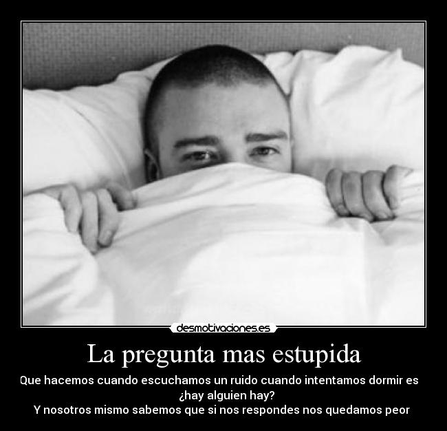 La pregunta mas estupida - Que hacemos cuando escuchamos un ruido cuando intentamos dormir es
¿hay alguien hay?
Y nosotros mismo sabemos que si nos respondes nos quedamos peor