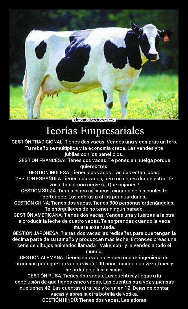 Teorías Empresariales - GESTIÓN TRADICIONAL: Tienes dos vacas. Vendes una y compras un toro.
Tu rebaño se multiplica y la economía crece. Las vendes y te
jubilas con los beneficios.
GESTIÓN FRANCESA: Tienes dos vacas. Te pones en huelga porque
quieres tres.
GESTIÓN INGLESA: Tienes dos vacas. Las dos están locas.
GESTIÓN ESPAÑOLA: tienes dos vacas, pero no sabes donde están Te
vas a tomar una cerveza. Qué cojones!!
GESTIÓN SUIZA: Tienes cinco mil vacas, ninguna de las cuales te
pertenece. Las cobras a otros por guardarlas.
GESTIÓN CHINA: Tienes dos vacas. Tienes 300 personas ordeñándolas.
Te enorgulleces de no tener ningún parado.
GESTIÓN AMERICANA: Tienes dos vacas. Vendes una y fuerzas a la otra
a producir la leche de cuatro vacas. Te sorprendes cuando la vaca
muere extenuada.
GESTIÓN JAPONESA: Tienes dos vacas las rediseñas para que tengan la
décima parte de su tamaño y produzcan más leche. Entonces creas una
serie de dibujos animados llamada ``Vakemon´´y la vendes a todo el
mundo.
GESTIÓN ALEMANA: Tienes dos vacas. Haces una re-ingeniería de
procesos para que las vacas vivan 100 años, coman una vez al mes y
se ordeñen ellas mismas.
GESTIÓN RUSA: Tienes dos vacas. Las cuentas y llegas a la
conclusión de que tienes cinco vacas. Las cuentas otra vez y piensas
que tienes 42. Las cuentas otra vez y te salen 12. Dejas de contar
vacas y abres la otra botella de vodka.
GESTIÓN HINDÚ: Tienes dos vacas. Las adoras