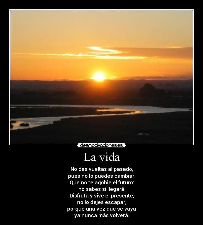 La vida - No des vueltas al pasado,
pues no lo puedes cambiar.
Que no te agobie el futuro:
no sabes si llegará.
Disfruta y vive el presente,
no lo dejes escapar,
porque una vez que se vaya
ya nunca más volverá.
