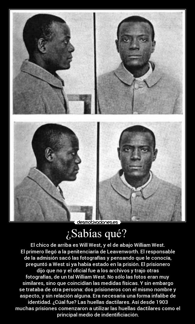 ¿Sabías qué?  - El chico de arriba es Will West, y el de abajo William West.
El primero llegó a la penitenciaría de Leavenworth. El responsable
de la admisión sacó las fotografías y pensando que le conocía,
preguntó a West si ya había estado en la prisión. El prisionero
dijo que no y el oficial fue a los archivos y trajo otras
fotografías, de un tal William West. No sólo las fotos eran muy
similares, sino que coincidían las medidas físicas. Y sin embargo
se trataba de otra persona: dos prisioneros con el mismo nombre y
aspecto, y sin relación alguna. Era necesaria una forma infalibe de
identidad. ¿Cúal fue? Las huellas dactilares. Así desde 1903
muchas prisiones comenzaron a utilizar las huellas dactilares como el
principal medio de indentificiación.