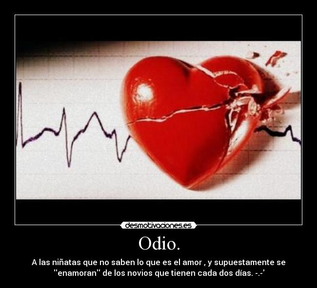 Odio. - A las niñatas que no saben lo que es el amor , y supuestamente se
enamoran de los novios que tienen cada dos días. -.-