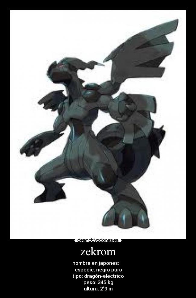 zekrom - nombre en japones: ゼクロム
especie: negro puro
tipo: dragón-electrico
peso: 345 kg
altura: 29 m