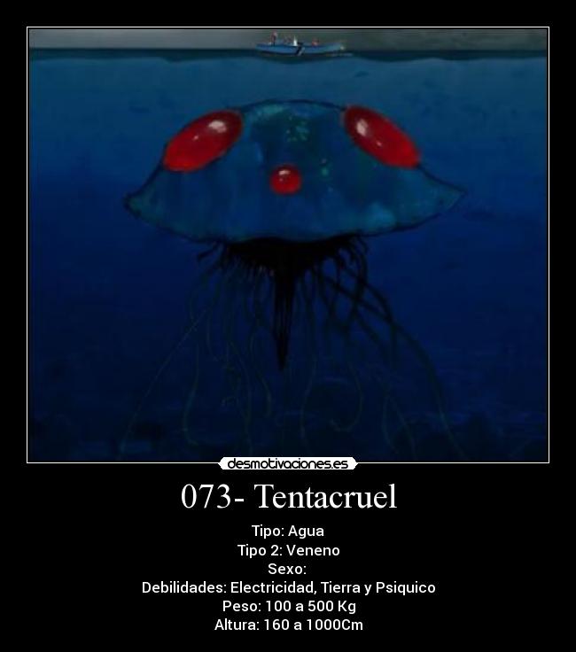 073- Tentacruel - Tipo: Agua
Tipo 2: Veneno
Sexo:♂♀
Debilidades: Electricidad, Tierra y Psiquico
Peso: 100 a 500 Kg
Altura: 160 a 1000Cm