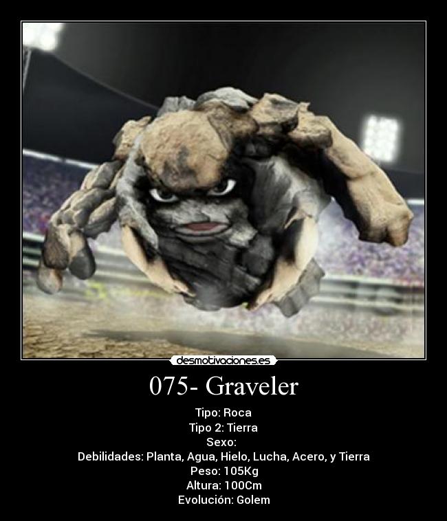 075- Graveler - Tipo: Roca
Tipo 2: Tierra
Sexo: ♂♀
Debilidades: Planta, Agua, Hielo, Lucha, Acero, y Tierra
Peso: 105Kg
Altura: 100Cm
Evolución: Golem