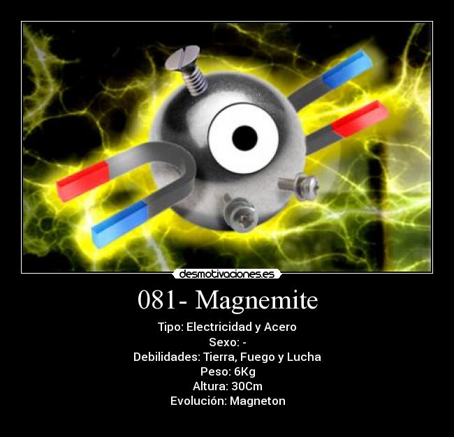 081- Magnemite - Tipo: Electricidad y Acero
Sexo: -
Debilidades: Tierra, Fuego y Lucha
Peso: 6Kg
Altura: 30Cm
Evolución: Magneton
