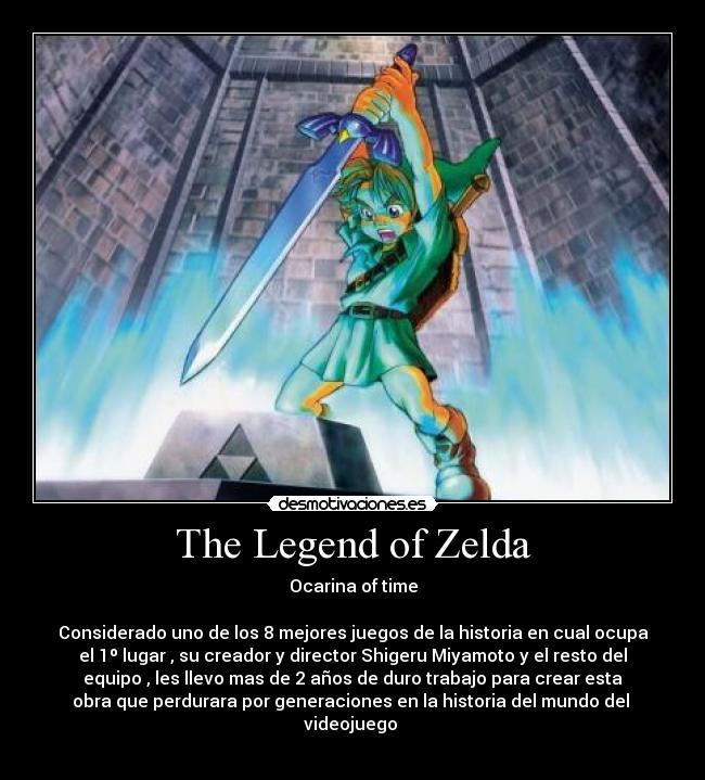 The Legend of Zelda - Ocarina of time

Considerado uno de los 8 mejores juegos de la historia en cual ocupa
el 1º lugar , su creador y director Shigeru Miyamoto y el resto del
equipo , les llevo mas de 2 años de duro trabajo para crear esta
obra que perdurara por generaciones en la historia del mundo del 
videojuego 
