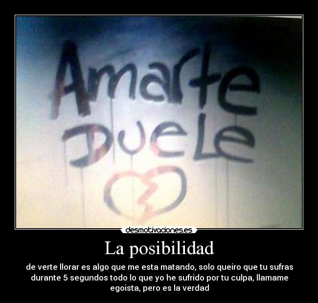 La posibilidad - de verte llorar es algo que me esta matando, solo queiro que tu sufras
durante 5 segundos todo lo que yo he sufrido por tu culpa, llamame
egoista, pero es la verdad