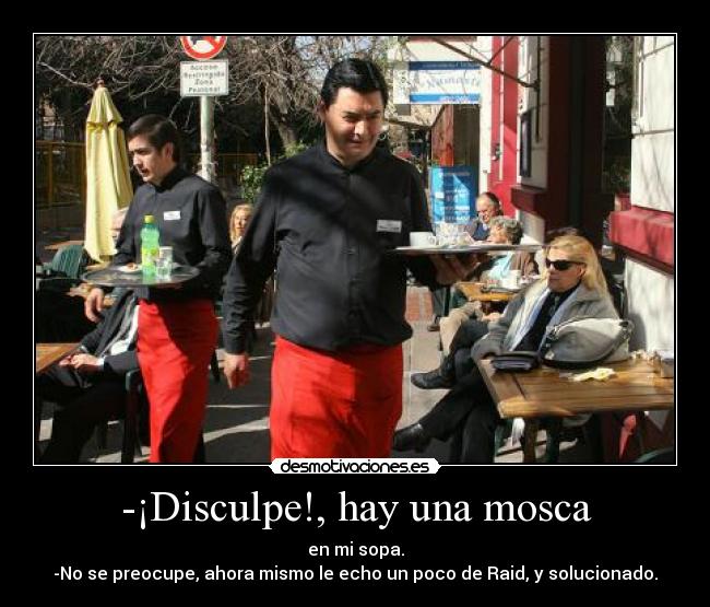 -¡Disculpe!, hay una mosca - en mi sopa.
-No se preocupe, ahora mismo le echo un poco de Raid, y solucionado.