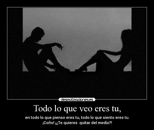 Todo lo que veo eres tu, - en todo lo que pienso eres tu, todo lo que siento eres tu.
¡Coño! ¡¿Te quieres quitar del medio?!