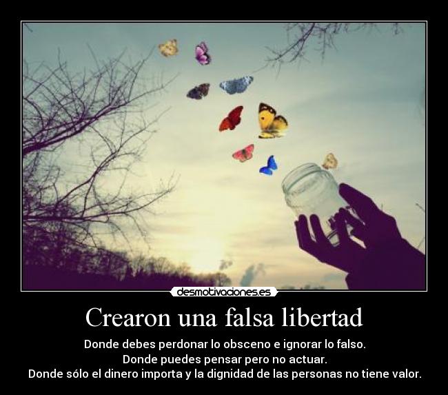 Crearon una falsa libertad - Donde debes perdonar lo obsceno e ignorar lo falso.
Donde puedes pensar pero no actuar.
Donde sólo el dinero importa y la dignidad de las personas no tiene valor.