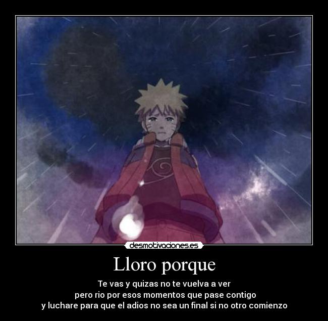 Lloro porque - Te vas y quizas no te vuelva a ver
pero rio por esos momentos que pase contigo
y luchare para que el adios no sea un final si no otro comienzo