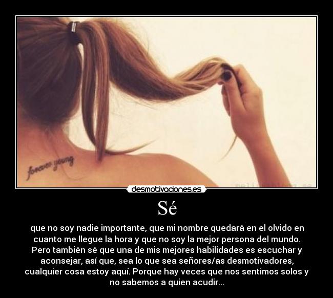 Sé - que no soy nadie importante, que mi nombre quedará en el olvido en
cuanto me llegue la hora y que no soy la mejor persona del mundo.
Pero también sé que una de mis mejores habilidades es escuchar y
aconsejar, así que, sea lo que sea señores/as desmotivadores,
cualquier cosa estoy aquí. Porque hay veces que nos sentimos solos y
no sabemos a quien acudir...