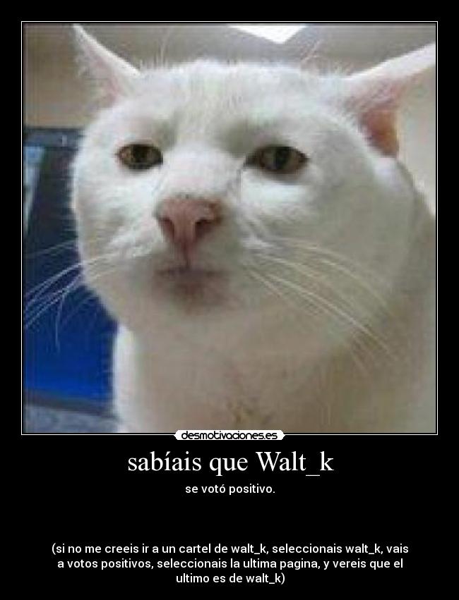 sabíais que Walt_k - se votó positivo.
(si no me creeis ir a un cartel de walt_k, seleccionais walt_k, vais
a votos positivos, seleccionais la ultima pagina, y vereis que el
ultimo es de walt_k)