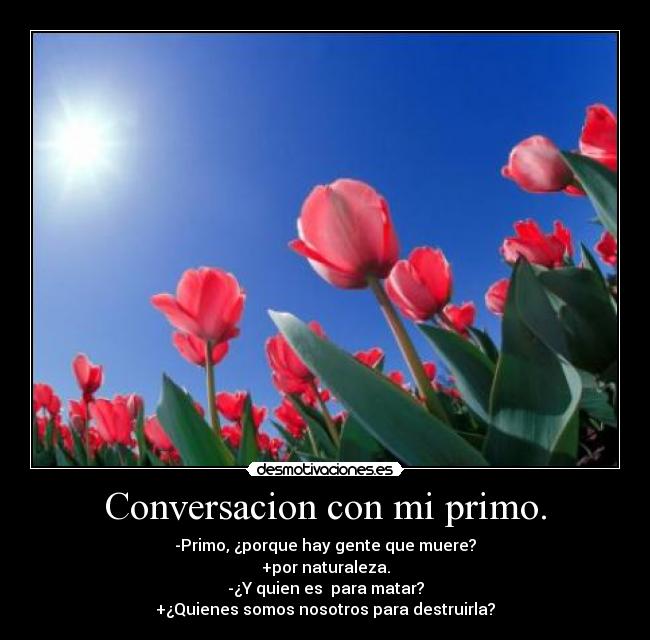 Conversacion con mi primo. - -Primo, ¿porque hay gente que muere?
+por naturaleza.
-¿Y quien es para matar?
+¿Quienes somos nosotros para destruirla?