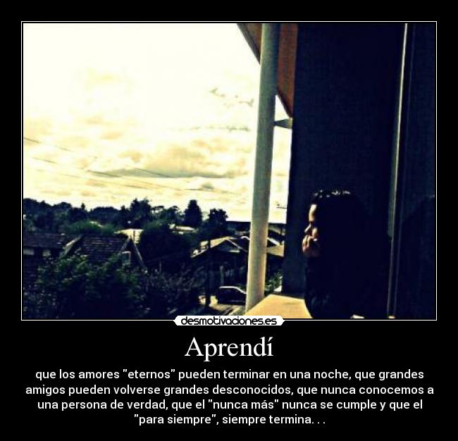 Aprendí - que los amores eternos pueden terminar en una noche, que grandes
amigos pueden volverse grandes desconocidos, que nunca conocemos a
una persona de verdad, que el nunca más nunca se cumple y que el
para siempre, siempre termina. . .