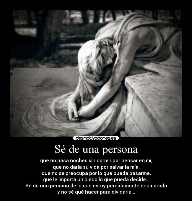 Sé de una persona - que no pasa noches sin dormir por pensar en mí,
que no daría su vida por salvar la mía,
que no se preocupa por lo que pueda pasarme,
que le importa un bledo lo que pueda decirle...
Sé de una persona de la que estoy perdidamente enamorado
y no sé qué hacer para olvidarla...