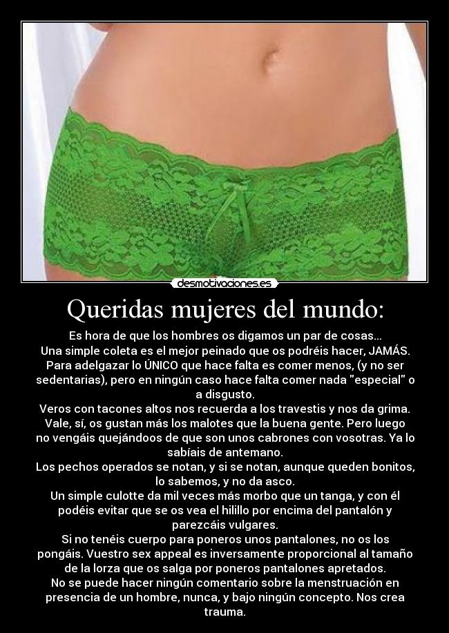 Queridas mujeres del mundo: - Es hora de que los hombres os digamos un par de cosas...
Una simple coleta es el mejor peinado que os podréis hacer, JAMÁS.
Para adelgazar lo ÚNICO que hace falta es comer menos, (y no ser
sedentarias), pero en ningún caso hace falta comer nada especial o
a disgusto.
Veros con tacones altos nos recuerda a los travestis y nos da grima.
Vale, sí, os gustan más los malotes que la buena gente. Pero luego
no vengáis quejándoos de que son unos cabrones con vosotras. Ya lo
sabíais de antemano.
Los pechos operados se notan, y si se notan, aunque queden bonitos,
lo sabemos, y no da asco.
Un simple culotte da mil veces más morbo que un tanga, y con él
podéis evitar que se os vea el hilillo por encima del pantalón y
parezcáis vulgares.
Si no tenéis cuerpo para poneros unos pantalones, no os los
pongáis. Vuestro sex appeal es inversamente proporcional al tamaño
de la lorza que os salga por poneros pantalones apretados.
No se puede hacer ningún comentario sobre la menstruación en
presencia de un hombre, nunca, y bajo ningún concepto. Nos crea
trauma.