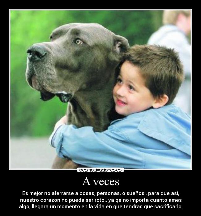 A veces - Es mejor no aferrarse a cosas, personas, o sueños.. para que asi,
nuestro corazon no pueda ser roto.. ya qe no importa cuanto ames
algo, llegara un momento en la vida en que tendras que sacrificarlo.