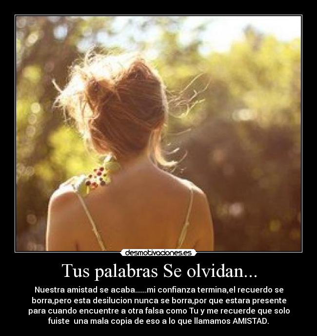 Tus palabras Se olvidan... - Nuestra amistad se acaba......mi confianza termina,el recuerdo se
borra,pero esta desilucion nunca se borra,por que estara presente
para cuando encuentre a otra falsa como Tu y me recuerde que solo
fuiste  una mala copia de eso a lo que llamamos AMISTAD.