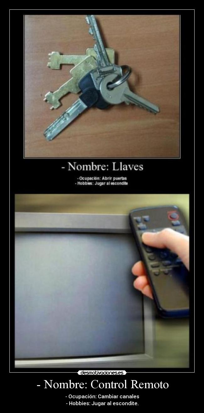 - Nombre: Control Remoto - - Ocupación: Cambiar canales
- Hobbies: Jugar al escondite.