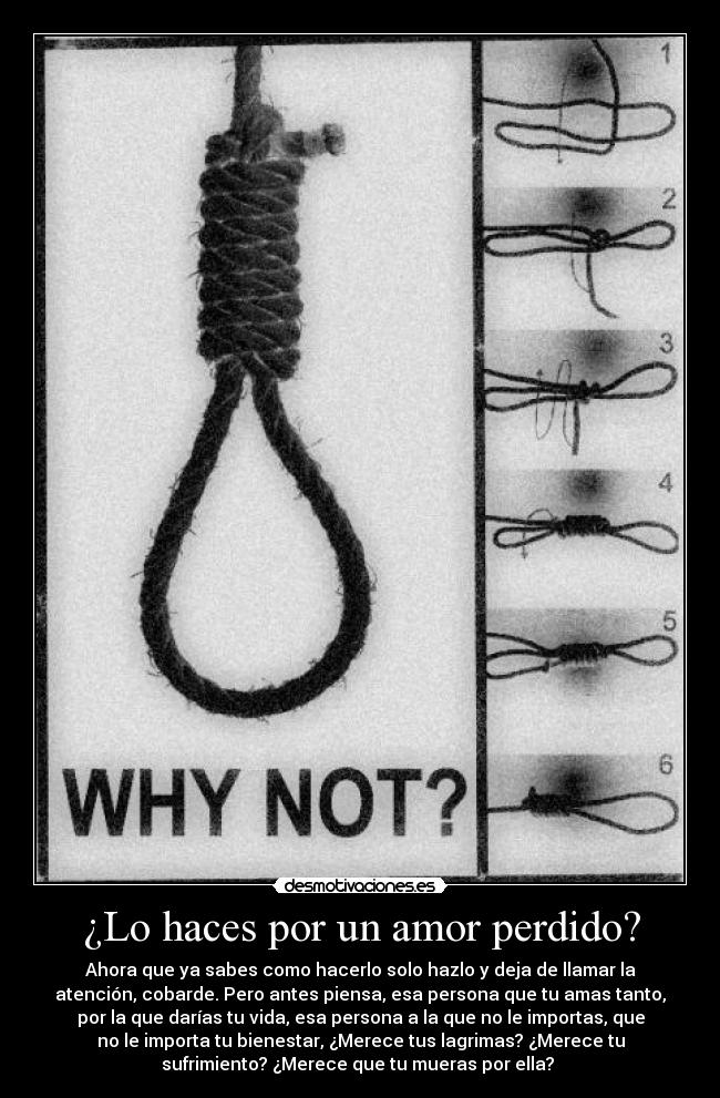 ¿Lo haces por un amor perdido? - Ahora que ya sabes como hacerlo solo hazlo y deja de llamar la
atención, cobarde. Pero antes piensa, esa persona que tu amas tanto,
por la que darías tu vida, esa persona a la que no le importas, que
no le importa tu bienestar, ¿Merece tus lagrimas? ¿Merece tu
sufrimiento? ¿Merece que tu mueras por ella? 