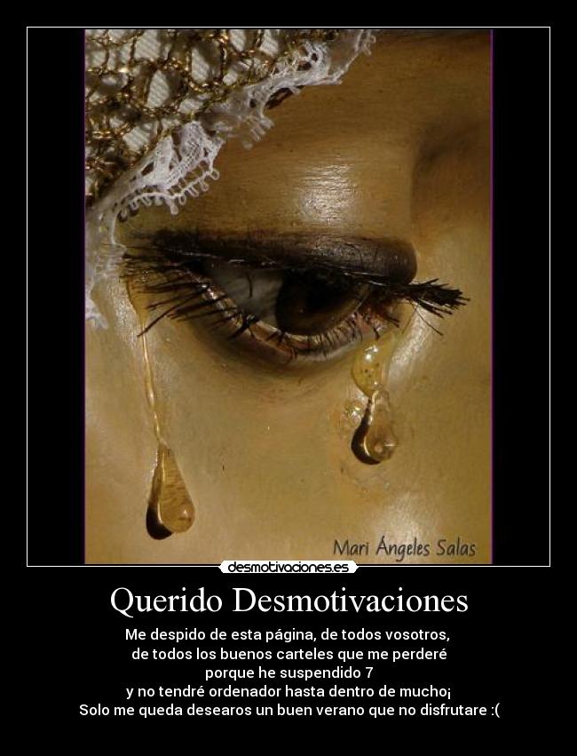 Querido Desmotivaciones - Me despido de esta página, de todos vosotros,
de todos los buenos carteles que me perderé
porque he suspendido 7
y no tendré ordenador hasta dentro de mucho¡
Solo me queda desearos un buen verano que no disfrutare :(