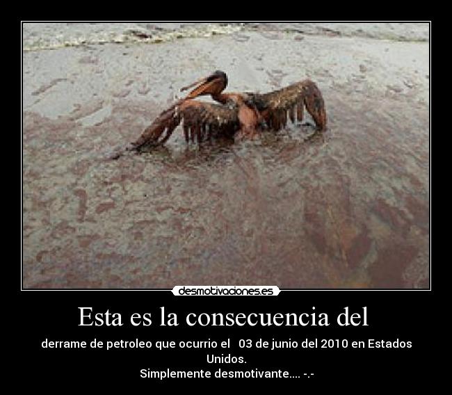 Esta es la consecuencia del  - derrame de petroleo que ocurrio el   03 de junio del 2010 en Estados Unidos.
Simplemente desmotivante.... -.-