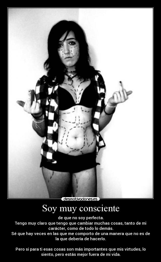 Soy muy consciente - de que no soy perfecta.
Tengo muy claro que tengo que cambiar muchas cosas, tanto de mi
carácter, como de todo lo demás.
Sé que hay veces en las que me comporto de una manera que no es de
la que debería de hacerlo.
Pero si para ti esas cosas son más importantes que mis virtudes, lo
siento, pero estás mejor fuera de mi vida.