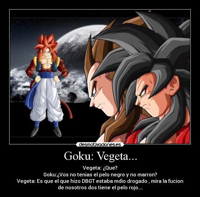 Goku: Vegeta... - Vegeta: ¿Que?
Goku:¿Vos no tenias el pelo negro y no marron?
Vegeta: Es que el que hizo DBGT estaba mdio drogado , mira la fucion
de nosotros dos tiene el pelo rojo....