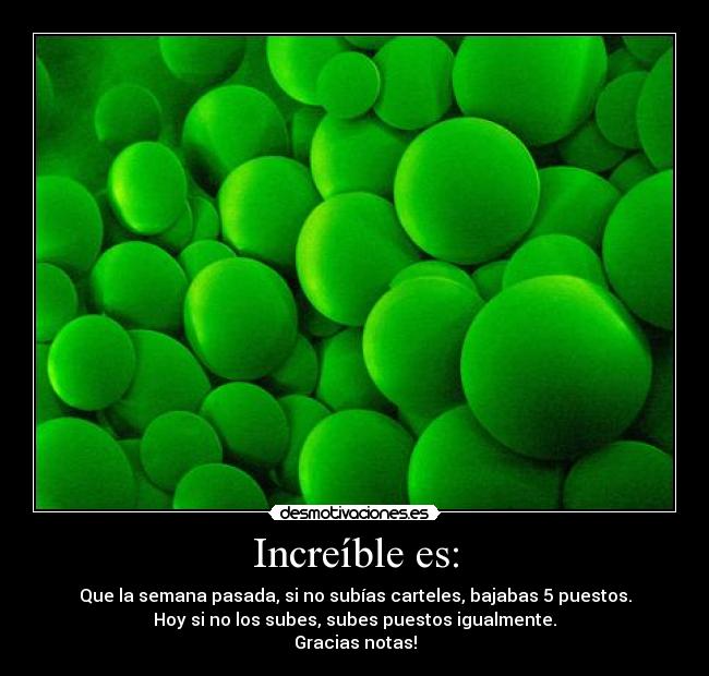 Increíble es: - Que la semana pasada, si no subías carteles, bajabas 5 puestos.
Hoy si no los subes, subes puestos igualmente.
Gracias notas!