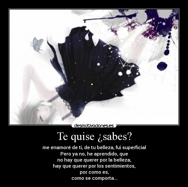 Te quise ¿sabes? - me enamoré de ti, de tu belleza, fui superficial
Pero ya no, he aprendido, que
no hay que querer por la belleza,
hay que querer por los sentimientos,
por como es,
como se comporta...