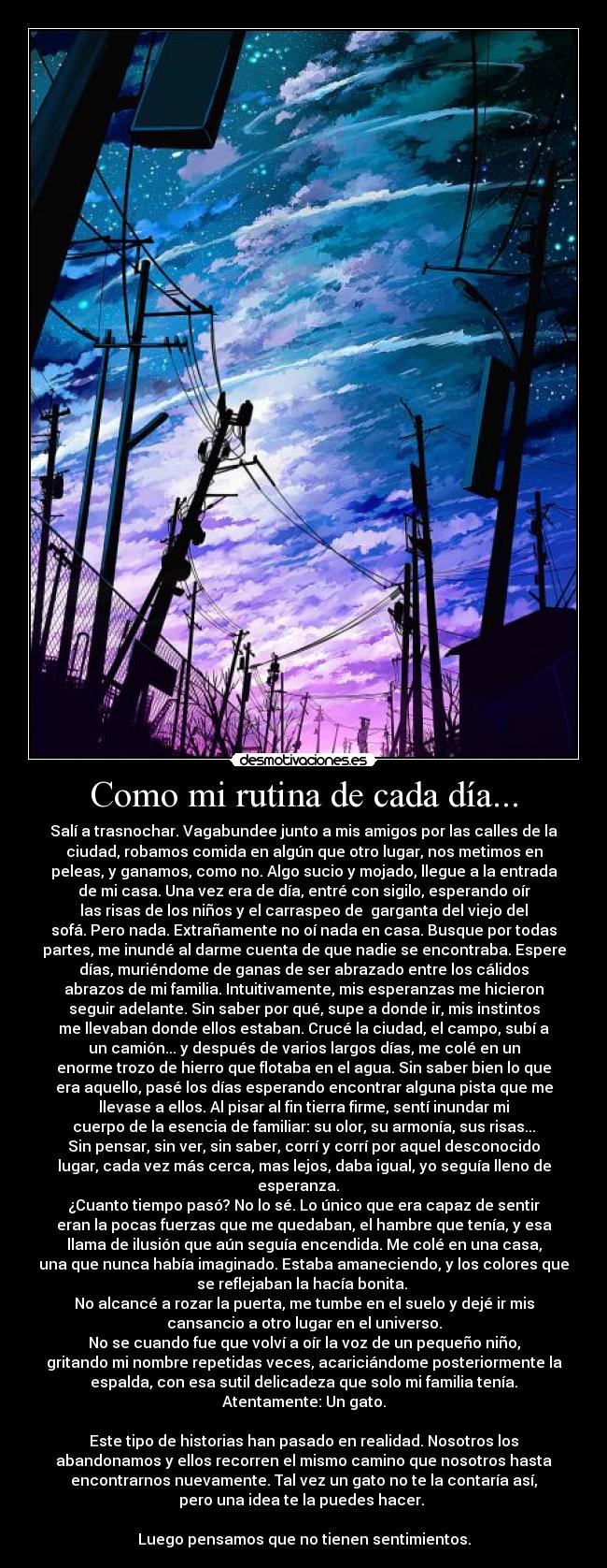 Como mi rutina de cada día... - Salí a trasnochar. Vagabundee junto a mis amigos por las calles de la
ciudad, robamos comida en algún que otro lugar, nos metimos en
peleas, y ganamos, como no. Algo sucio y mojado, llegue a la entrada
de mi casa. Una vez era de día, entré con sigilo, esperando oír
las risas de los niños y el carraspeo de  garganta del viejo del
sofá. Pero nada. Extrañamente no oí nada en casa. Busque por todas
partes, me inundé al darme cuenta de que nadie se encontraba. Espere
días, muriéndome de ganas de ser abrazado entre los cálidos
abrazos de mi familia. Intuitivamente, mis esperanzas me hicieron
seguir adelante. Sin saber por qué, supe a donde ir, mis instintos
me llevaban donde ellos estaban. Crucé la ciudad, el campo, subí a
un camión... y después de varios largos días, me colé en un
enorme trozo de hierro que flotaba en el agua. Sin saber bien lo que
era aquello, pasé los días esperando encontrar alguna pista que me
llevase a ellos. Al pisar al fin tierra firme, sentí inundar mi
cuerpo de la esencia de familiar: su olor, su armonía, sus risas...
Sin pensar, sin ver, sin saber, corrí y corrí por aquel desconocido
lugar, cada vez más cerca, mas lejos, daba igual, yo seguía lleno de
esperanza.   
¿Cuanto tiempo pasó? No lo sé. Lo único que era capaz de sentir
eran la pocas fuerzas que me quedaban, el hambre que tenía, y esa
llama de ilusión que aún seguía encendida. Me colé en una casa,
una que nunca había imaginado. Estaba amaneciendo, y los colores que
se reflejaban la hacía bonita. 
No alcancé a rozar la puerta, me tumbe en el suelo y dejé ir mis
cansancio a otro lugar en el universo.
No se cuando fue que volví a oír la voz de un pequeño niño,
gritando mi nombre repetidas veces, acariciándome posteriormente la
espalda, con esa sutil delicadeza que solo mi familia tenía.
Atentamente: Un gato.

Este tipo de historias han pasado en realidad. Nosotros los
abandonamos y ellos recorren el mismo camino que nosotros hasta
encontrarnos nuevamente. Tal vez un gato no te la contaría así,
pero una idea te la puedes hacer. 

Luego pensamos que no tienen sentimientos.