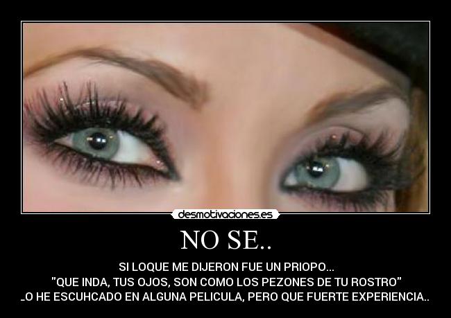 NO SE.. - SI LOQUE ME DIJERON FUE UN PRIOPO...
QUE INDA, TUS OJOS, SON COMO LOS PEZONES DE TU ROSTRO
LO HE ESCUHCADO EN ALGUNA PELICULA, PERO QUE FUERTE EXPERIENCIA....