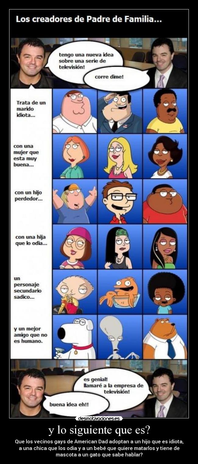 y lo siguiente que es? - Que los vecinos gays de American Dad adoptan a un hijo que es idiota,
a una chica que los odia y a un bebé que quiere matarlos y tiene de
mascota a un gato que sabe hablar?