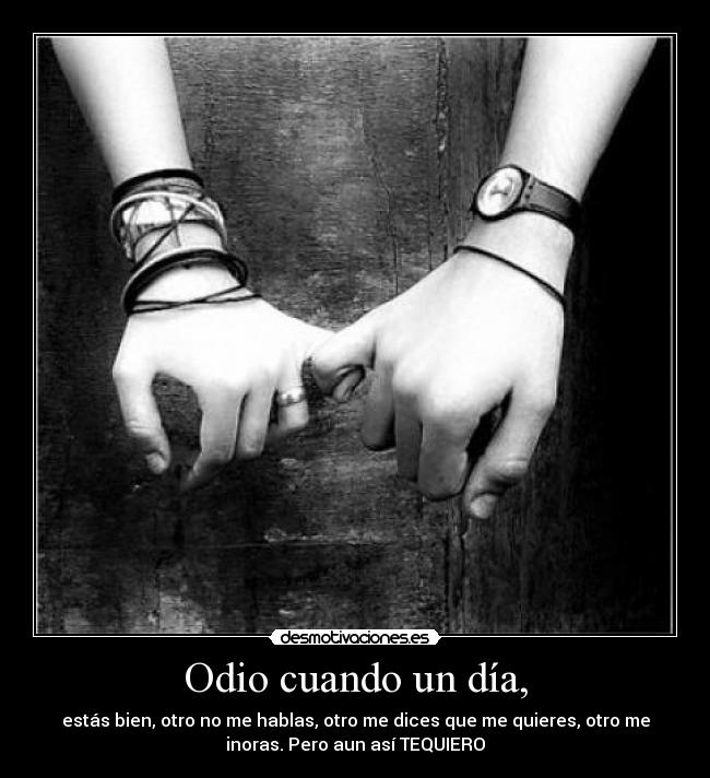 Odio cuando un día, - estás bien, otro no me hablas, otro me dices que me quieres, otro me
inoras. Pero aun así TEQUIERO