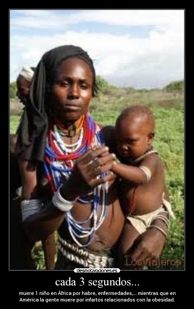 cada 3 segundos... - muere 1 niño en África por habre, enfermedades,... mientras que en
América la gente muere por infartos relacionados con la obesidad.