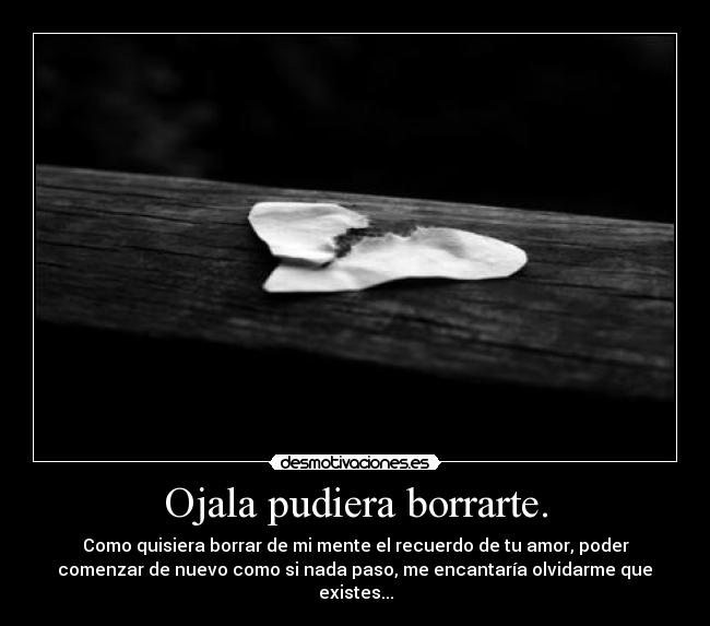 Ojala pudiera borrarte. - Como quisiera borrar de mi mente el recuerdo de tu amor, poder
comenzar de nuevo como si nada paso, me encantaría olvidarme que
existes...