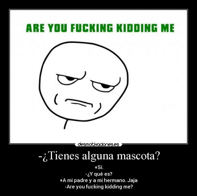 -¿Tienes alguna mascota? - +Sí.
-¿Y qué es?
+A mi padre y a mi hermano. Jaja
-Are you fucking kidding me?