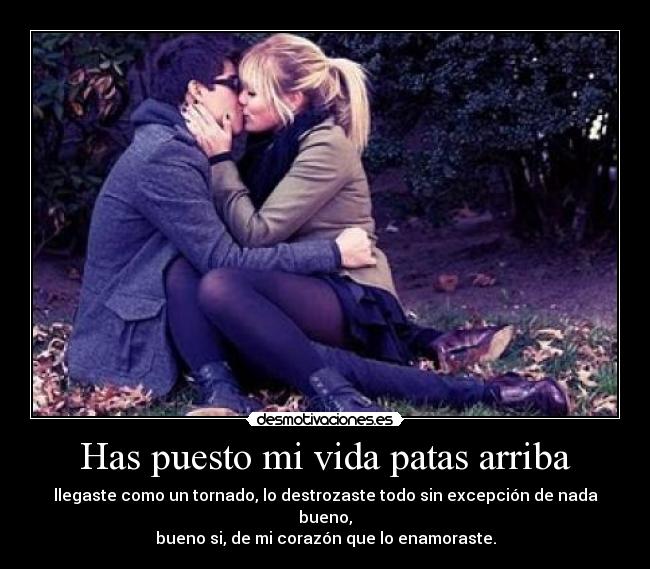 Has puesto mi vida patas arriba - llegaste como un tornado, lo destrozaste todo sin excepción de nada bueno,
bueno si, de mi corazón que lo enamoraste.