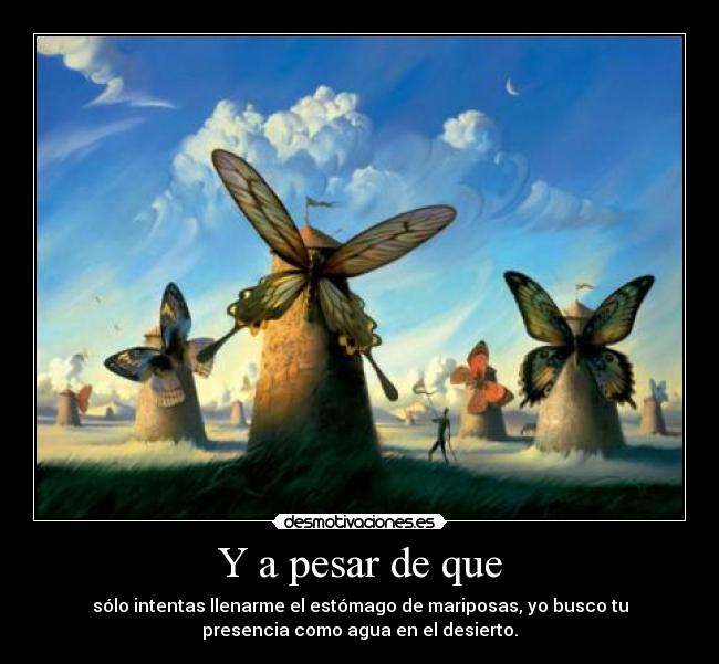 Y a pesar de que - sólo intentas llenarme el estómago de mariposas, yo busco tu
presencia como agua en el desierto.