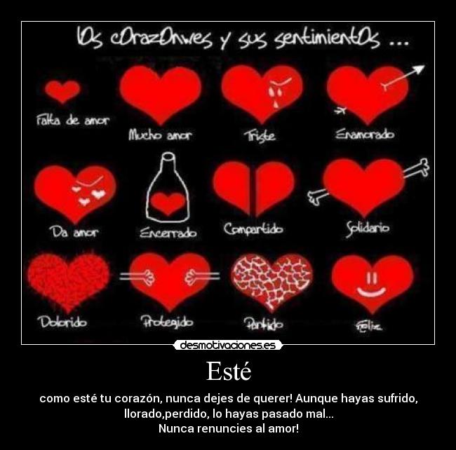 Esté - como esté tu corazón, nunca dejes de querer! Aunque hayas sufrido,
llorado,perdido, lo hayas pasado mal...
Nunca renuncies al amor!