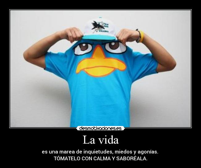 La vida - es una marea de inquietudes, miedos y agonías. 
TÓMATELO CON CALMA Y SABORÉALA.