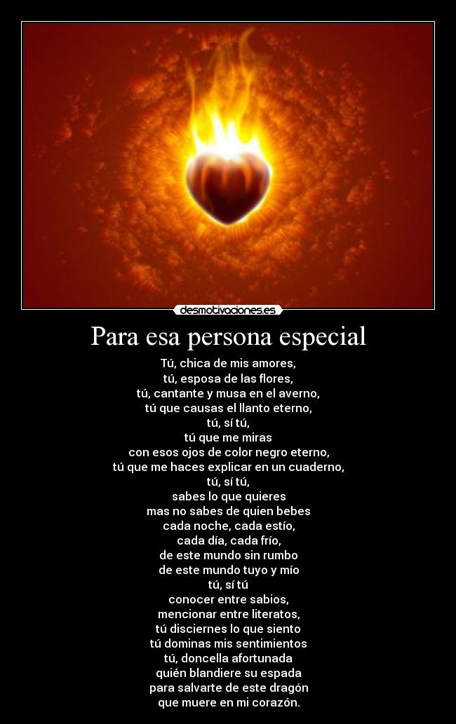 Para esa persona especial - Tú, chica de mis amores,
tú, esposa de las flores,
tú, cantante y musa en el averno,
tú que causas el llanto eterno,
tú, sí tú,
tú que me miras
con esos ojos de color negro eterno,
tú que me haces explicar en un cuaderno,
tú, sí tú,
sabes lo que quieres
mas no sabes de quien bebes
cada noche, cada estío,
cada día, cada frío,
de este mundo sin rumbo
de este mundo tuyo y mío
tú, sí tú
conocer entre sabios,
mencionar entre literatos,
tú disciernes lo que siento
tú dominas mis sentimientos
tú, doncella afortunada
quién blandiere su espada
para salvarte de este dragón
que muere en mi corazón.