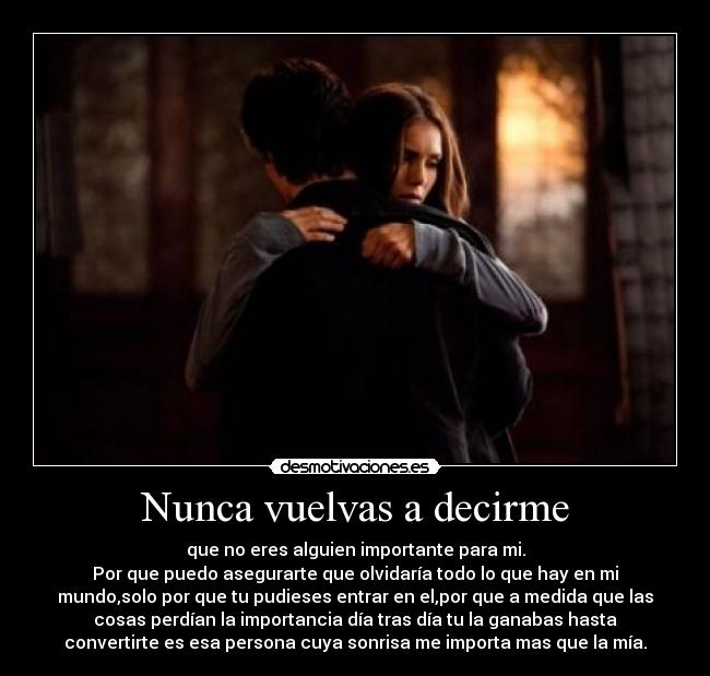 Nunca vuelvas a decirme - que no eres alguien importante para mi.
Por que puedo asegurarte que olvidaría todo lo que hay en mi
mundo,solo por que tu pudieses entrar en el,por que a medida que las
cosas perdían la importancia día tras día tu la ganabas hasta
convertirte es esa persona cuya sonrisa me importa mas que la mía.