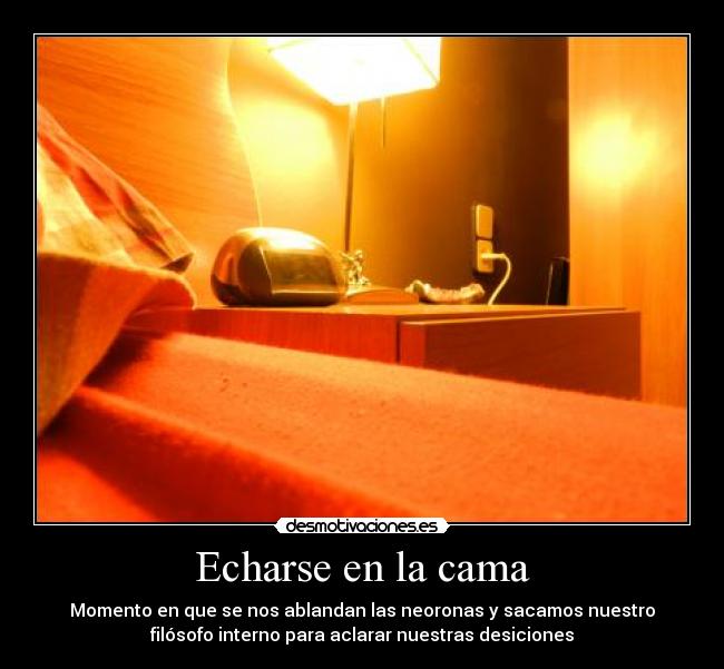 Echarse en la cama - Momento en que se nos ablandan las neoronas y sacamos nuestro
filósofo interno para aclarar nuestras desiciones