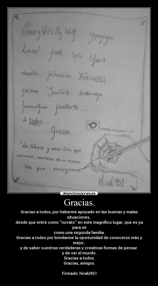Gracias. - Gracias a todos, por haberme apoyado en las buenas y malas situaciones, 
desde que entré como novato en este magnífico lugar, que es ya para mi
como una segunda familia.
Gracias a todos por brindarme la oportunidad de conoceros más y mejor, 
y de saber vuestras verdaderas y creativas formas de pensar 
y de ver el mundo.
Gracias a todos.
Gracias, amigos.

Firmado: hiraki951
