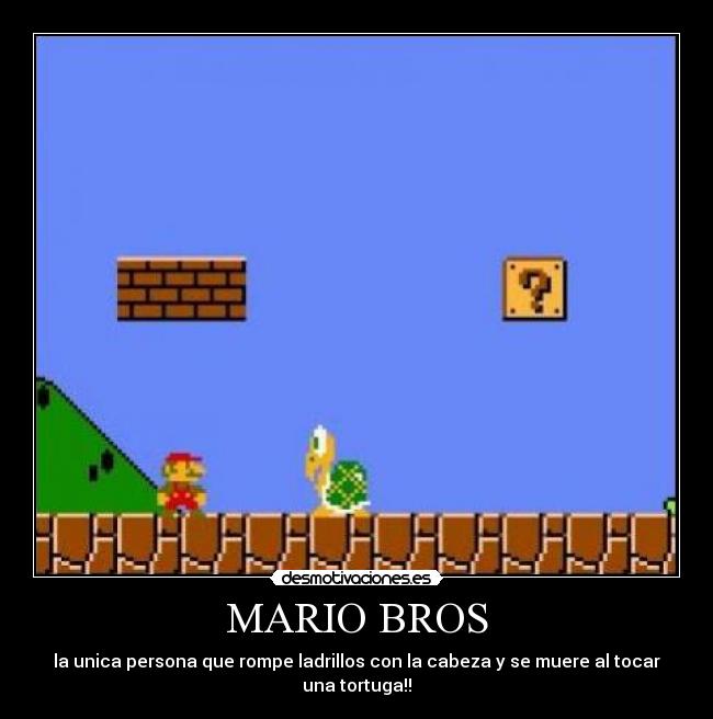 MARIO BROS - la unica persona que rompe ladrillos con la cabeza y se muere al tocar una tortuga!!