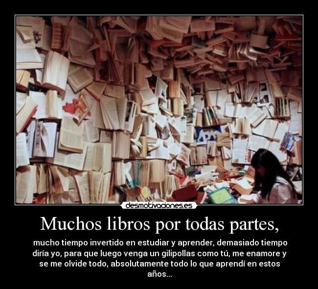 Muchos libros por todas partes, - mucho tiempo invertido en estudiar y aprender, demasiado tiempo
diría yo, para que luego venga un gilipollas como tú, me enamore y
se me olvide todo, absolutamente todo lo que aprendí en estos
años...