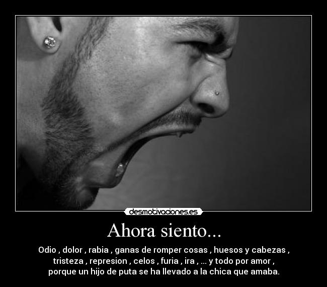 Ahora siento... - Odio , dolor , rabia , ganas de romper cosas , huesos y cabezas ,
tristeza , represion , celos , furia , ira , ... y todo por amor ,
porque un hijo de puta se ha llevado a la chica que amaba.