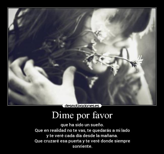 Dime por favor - que ha sido un sueño.
Que en realidad no te vas, te quedarás a mi lado
y te veré cada día desde la mañana.
Que cruzaré esa puerta y te veré donde siempre
sonriente.